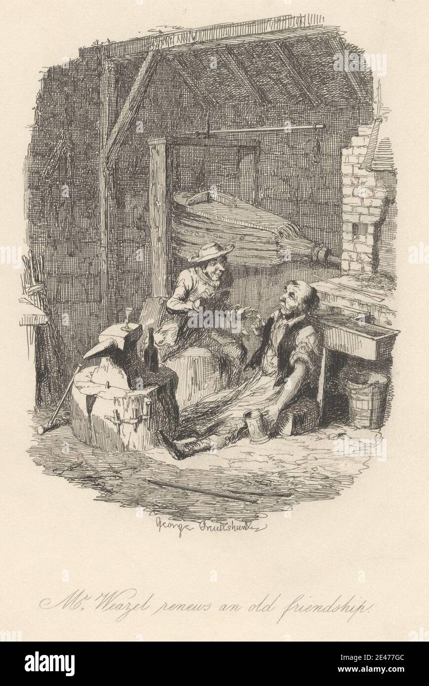 Druck von George Cruikshank, 1792–1878, britisch, Mr. Weazel Renews an Old Friendship, undated. Ätzung auf mäßig dickem, leicht strukturiertem, beigefarbenem Papier. Amboss, Blasebalg, Schmied, Flaschen, Trinkgläser, Schmiede, Freundschaft, Genresubjekt, Gestik, Hüte, Illustration, Pfeifen, Erneuerung, Sitzen, Rauchen, Sprechen Stockfoto