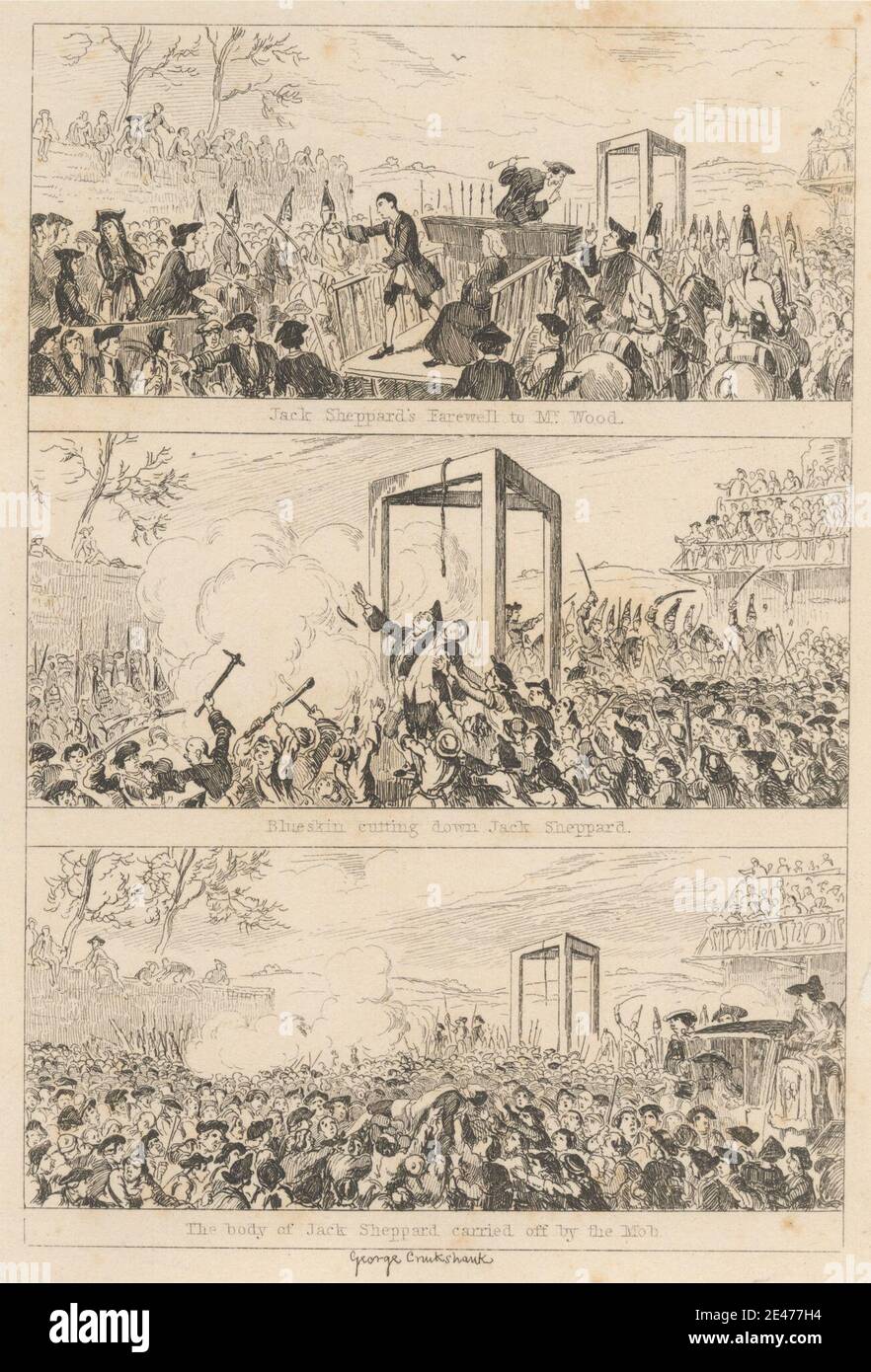 Druck von George Cruikshank, 1792–1878, britisch, die letzte Szene: 'Jack Sheppard's Farewell to Mr Wood / Blueskin Cutting down Jack Sheppard / The Body of Jack Sheppard crazed off by the Mob', 1839. Radierung auf mäßig dickem, glattem, cremefarbenen Papier mit beigem Chine Collé. Kapitel 31 - 'die Prozession zu Tyburn', Kriminelle, Menge, Weinen, Tod, Sterben, Gestik, Hängen (Hinrichtung), Illustration, Jack Sheppard (Roman), literarisches Thema, Männer, Mobs, Roman, Rauch, Soldaten, Frauen. Jack Sheppard Stockfoto