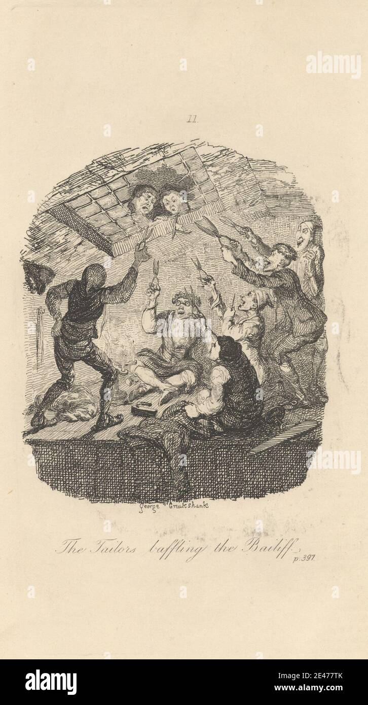 Druck gemacht von George Cruikshank, 1792–1878, britisch, die Schneider verblüffend den Bailli, undatiert. Ätzung auf mäßig dickem, leicht strukturiertem, beigefarbenem Wove-Papier. Dachziegen, Taschen, Kerzen, Karikatur, Genre-Thema, Hüte, Humor, Illustration, Manager, Männer, Polizist, Dach, Sägen, Scheren, Spionage, Überraschung, Schneider Stockfoto