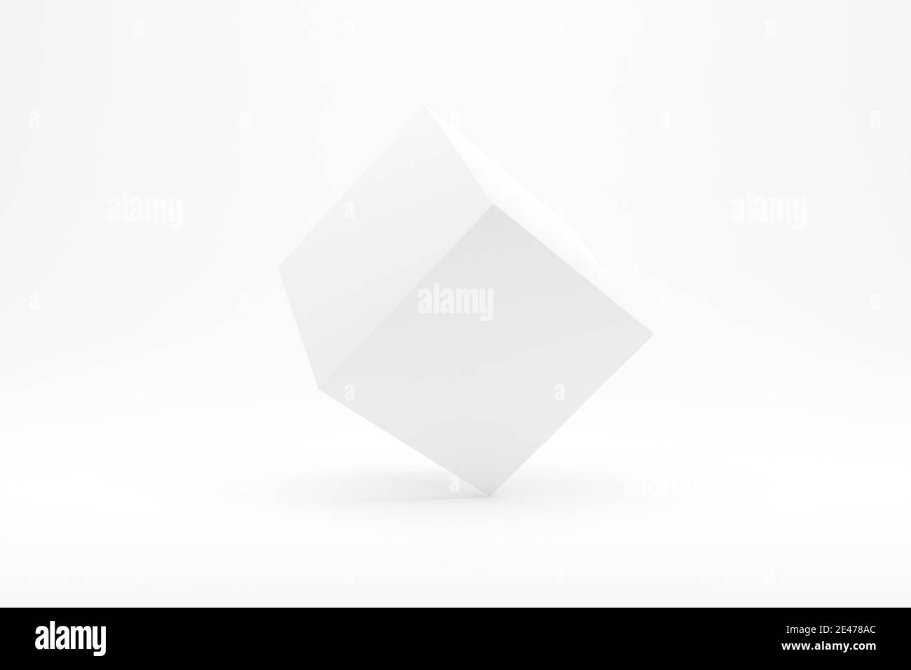 White Cube im Gleichgewicht balancieren auf einer Ecke über weißem Hintergrund, Stabilität oder Genauigkeit minimal geomertic primitive Konzept, 3D-Illustration Stockfoto