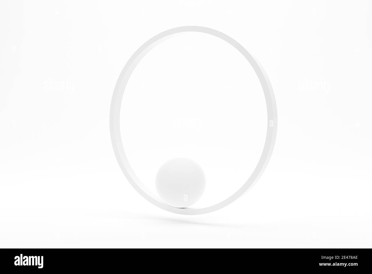 Weiße Kugel im Gleichgewicht innerhalb von weißen Ring über weißem Hintergrund, Stabilität oder Genauigkeit minimale Geometrie primitive Konzept, 3D-Illustration Stockfoto