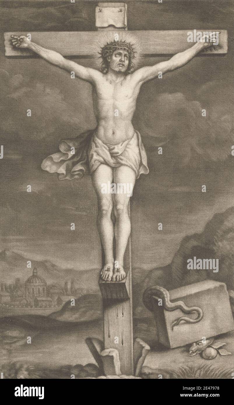Druck von William Faithorne, 1656–ca. 1701, Britisch, die Kreuzigung, undatiert. Mezzotinta auf Medium, leicht strukturiert, beige Papier gelegt. apfel, Blut, Gebäude, Christus am Kreuz auf Golgatha (allein, ohne Umstehenden), Wolken, Kreuz (Objekt), Krone, Dornenkrone, Kreuzigung, Sterben, Passionszyklus, religiöse und mythologische Thema, Schlange, Spezifische Arten von gekreuzigten Christus (in nicht-narrativen Kontext) - DD - Christus bartlos, Stein, Dornen, Wunde. Jesus Christus (7-2 v. Chr./v. Chr. bis 30-36 n. Chr.) Stockfoto