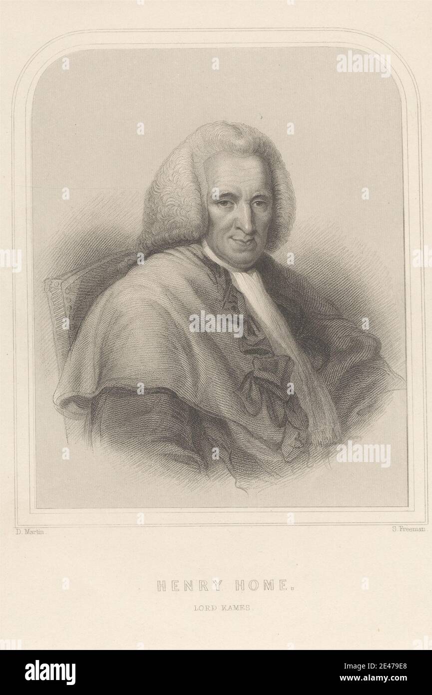 Druck von Samuel Freeman, 1773–1857, britisch, Henry Home, Lord Kames, undatiert. Stippelgravur und Radierung auf mäßig dickem, glattem, cremefarbenem Wove-Papier. Autor, Stuhl, Cravat, Blick, Richter, Rechtsanwalt, Mantel, Edelmann, Porträt, Posen, Robe, Roben, offen, Schal, Lächeln, Perücke, Schriftsteller. Startseite, Henry, Lord Kames (1696–1782), Richter und Schriftsteller Stockfoto