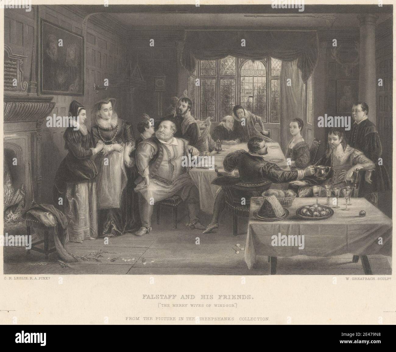 William Greatbach, geboren 1802, Brite, Falstaff und seine Freunde, ca. 1868. Radierung und Stipple Gravur auf mäßig dick, glatt, Creme-Karte. Schauspieler, Brot, Kuchen, Drama, Trinken, Trinkgläser, Essen, Unterhaltung, Feuer, Kamin, Essen, Obst, Haus, Illustration, Freizeit, literarisches Thema, Herrenhaus, Fleisch, Männer, fettleibig, Theaterstücke von William Shakespeare, sitzen, Tische, sprechen, die fröhlichen Frauen von Windsor, Akt I, Szene I, die fröhlichen Frauen von Windsor, spielen von William Shakespeare, Theater, Wein, Frauen. Herrin Ford (Charakter in der Frohe Frauen von Windsor) Herrin Stockfoto