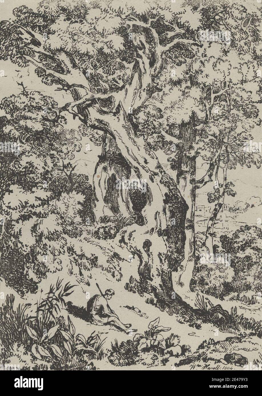 William Havell, 1782–1857, britisch, tätig in Indien (1820–26), Landscape with a Seated Shepherd, 1804. Lithographie auf mäßig dickem, mäßig strukturiertem, grau gedeckten Papier. Gebäude, Sträucher, Wald, Genresubjekt, Hügel, Landschaft, Mann, Bauer, Pflanzen, Ruhephase, Felsen (Landformen), Hirte, Hirtengehege, sitzend, Bäume, Tunika, Wälder Stockfoto