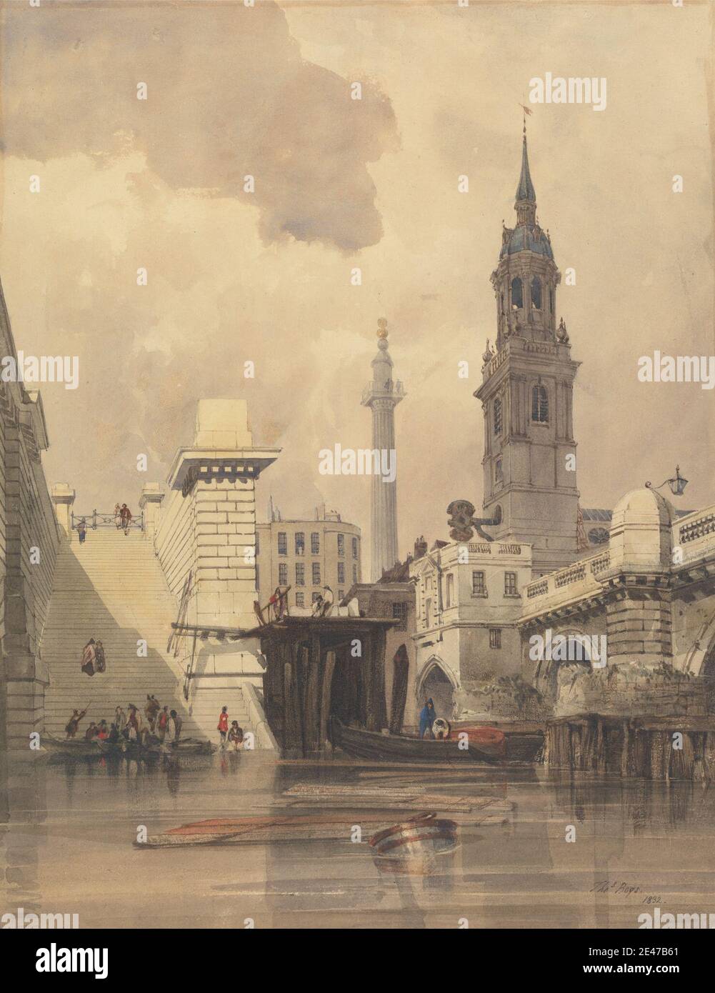 Thomas Shotter Boys, 1803–1874, britisch, The Church of St. Magnus the Martyr, London Bridge, with the Monument in the Background, 1832. Aquarell mit Stift in brauner Tinte über Graphit mit Gouache und arabischem Kaugummi auf Medium, leicht strukturiert, cremefarbenen Wove Papier. Bögen, Architekturmotiv, Fass (Container), Boote, Brücke (gebaut Arbeit), Kirche, Stadtbild, Figuren, Genre Thema, Lampe (Beleuchtung), Denkmal, Fluss, Kirchturm, Treppen, Wandern. Kirche von St. Magnus der Märtyrer, City of London, England, Groß-London, London, London Bridge, Denkmal für das große Feuer von Lond Stockfoto