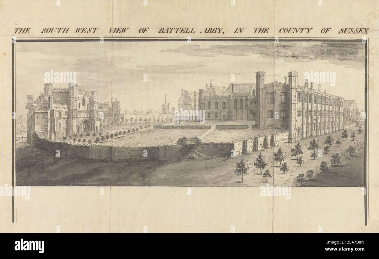 Samuel Buck, 1696–1779, britisch, Südwest Ansicht der Battle Abbey in der Grafschaft Sussex, 1735. Graphit, Stift und schwarze Tinte, und grau waschen auf Medium, leicht strukturiert, Creme gelegt Papier. Architektonisches Thema Stockfoto