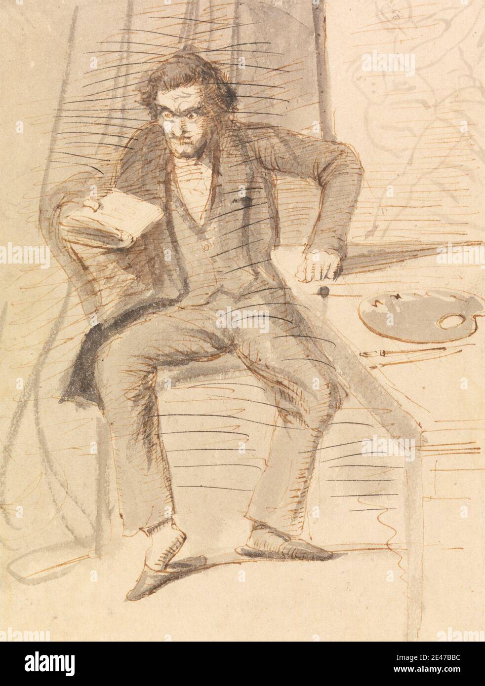 James Smetham, 1821–1889, British, Cutting Reviews, undated. Grau waschen und Stift und braune Tinte auf Medium, glatt, Creme Wove Papier. Genre Thema, Mann, sitzend Stockfoto