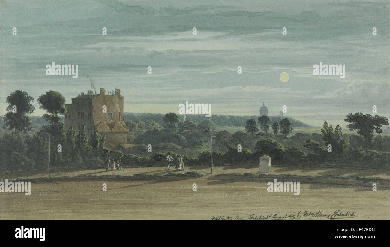 Robert Bremmel Schnebbelie, aktiv 1803–1849, The Whittington Stone by Moonlight, undated. Aquarell auf mittelschwerem, leicht strukturiertem, cremefarbenem Papier. Public Domain Stockfoto