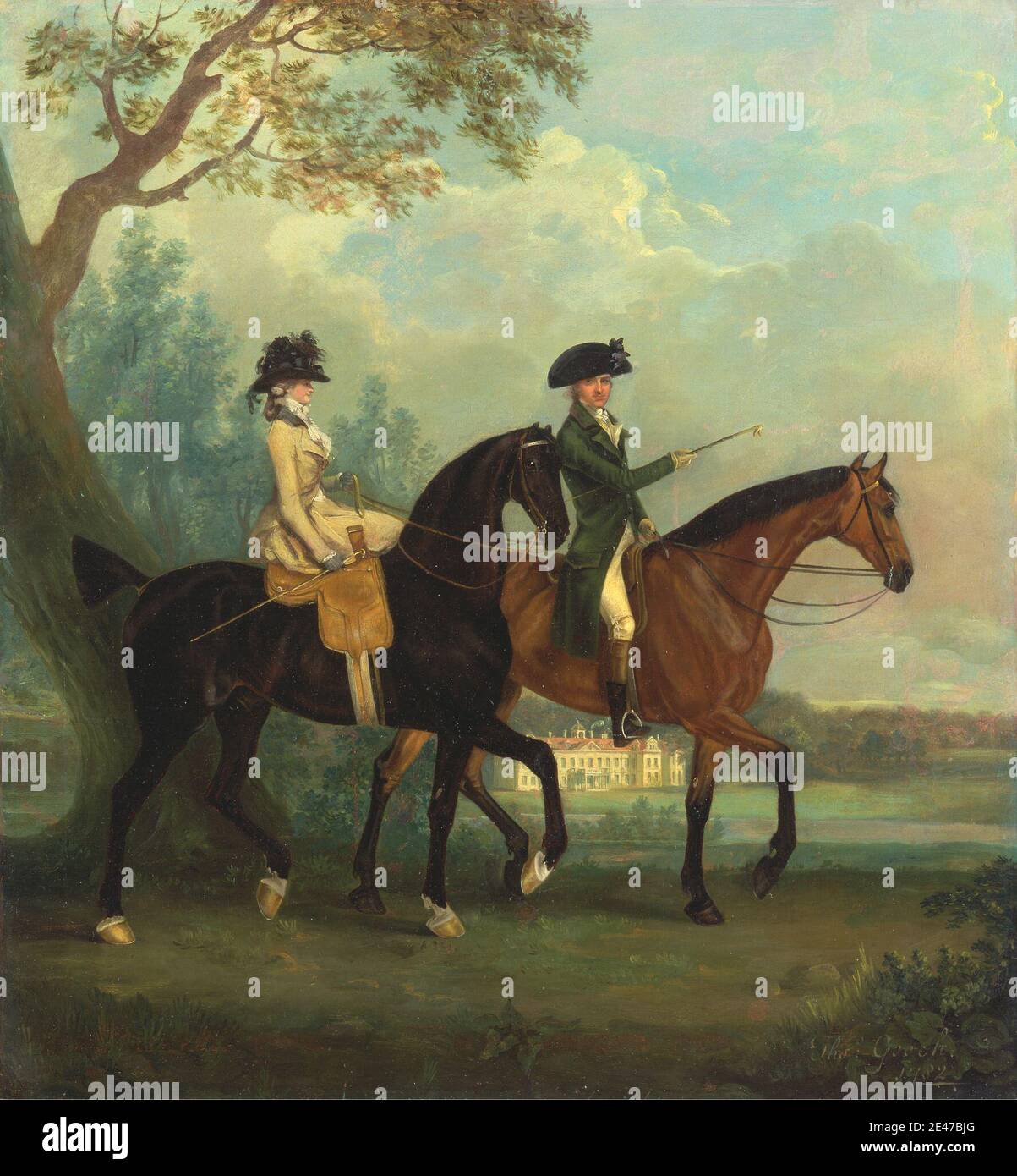 Thomas Gooch, 1750–1802, Brite, Marcia Pitt und ihr Bruder George Pitt, später zweiter Baron Rivers, Riding in the Park at Stratfield Saye House, Hampshire, 1782. Öl auf Leinwand. Wolken, Kuppel, Genre Thema, Hüte, Pferde (Tiere), Mann, Herrenhaus, Giebel, Veranda, Porträt, Fluss, Frau. England , Hampshire , Stratfield Saye , Vereinigtes Königreich. Pitt, George, Second Baron Rivers (1751–1828) Pitt, Marcia Lucy (1756–1822) Stockfoto