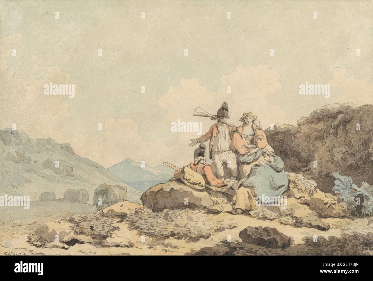 Francis Wheatley, 1747–1801, Brite, Soldiers and Country Women, undated. Stift und schwarze Tinte mit Aquarell auf Medium, glatt, Creme Wove Papier. Schürze, Babys, Haube, Hosen, Mantel, Kleid, Laub, Genre Thema, Pistole (kleiner Arm), Hut, Hügel, Männer, Militärkunst, Plume, Felsen (Landformen), Hemd, Schuhe, Soldaten, Strümpfe, Bäume, Wagen, Perücken, Frauen. Irland Stockfoto