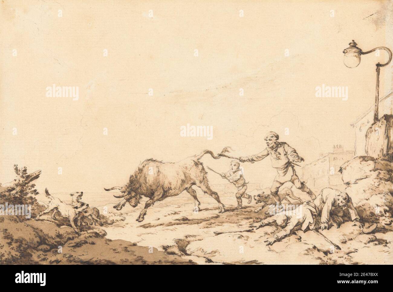 Philippe-Jacques de Loutherbourg, 1740–1812, französisch, in Großbritannien tätig (ab 1771), A Bull Charging, 1794. Braun waschen mit Stift und braune Tinte über Graphit auf Medium, leicht strukturiert, Creme gelegt Papier. Tierkunst, Stier, jagen, Hunde (Tiere), Laufen Stockfoto