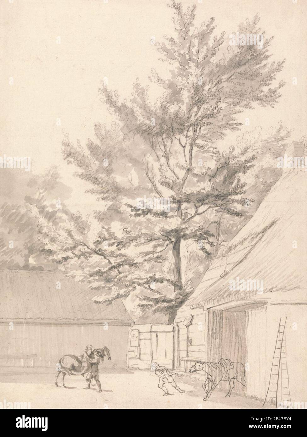 Zugeschrieben Peter Tillemans, 1684–1734, Flämisch, in Großbritannien tätig (ab 1708), EIN Stallhof mit hohem Baum, undatiert. Graphit- und Grauwäsche mit Stift und schwarzer Tinte auf Medium, leicht strukturiert, cremefarbenem Papier. Public Domain Stockfoto