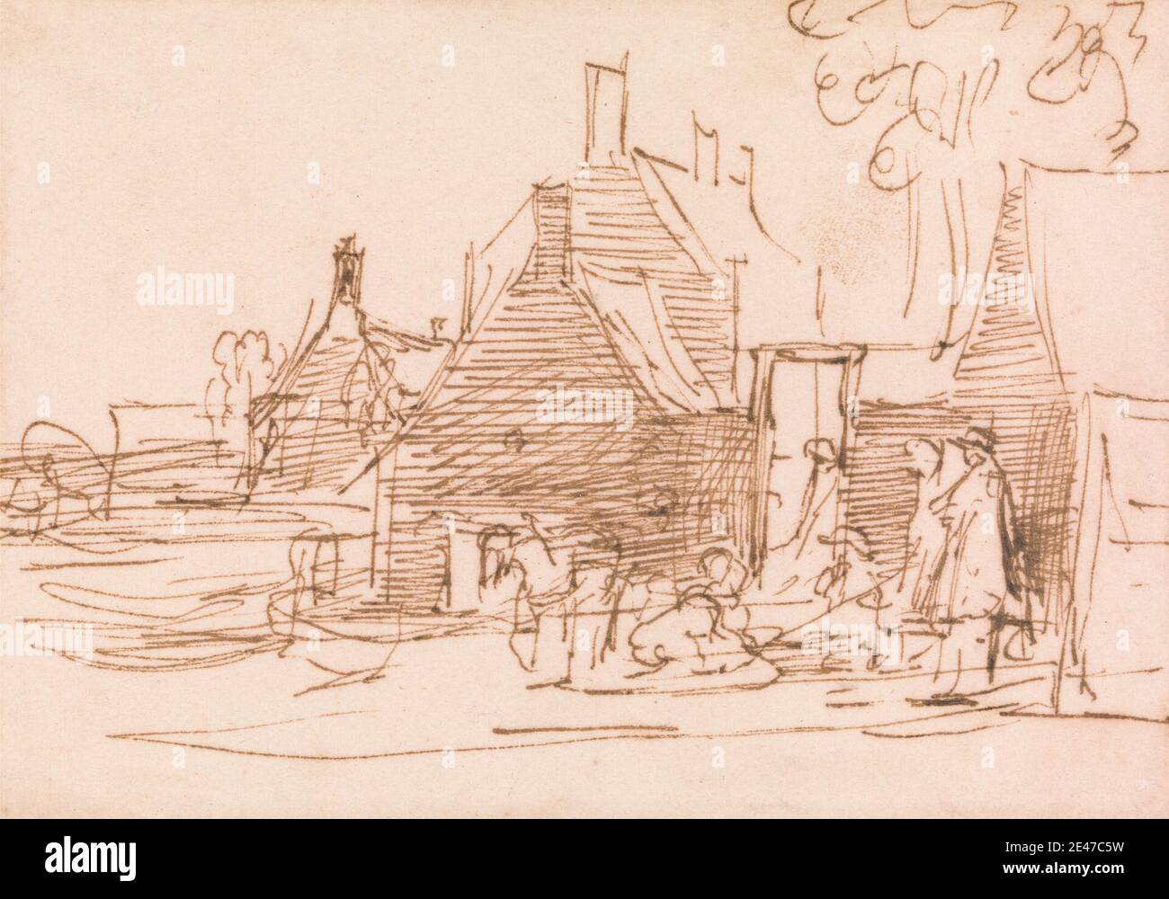 Sir David Wilkie, 1785–1841, britisch, The Manse, Cults, Fife: The Artist's Old Home, undated. Stift und braune Tinte auf Medium, leicht strukturiert, cremefarbenen Wove Papier. Architekturmotiv, Kamine (architektonische Elemente), Kirche, Figuren, Genre Thema, Häuser, Bäume. Sekten , Europa , Fife , Schottland , Vereinigtes Königreich Stockfoto