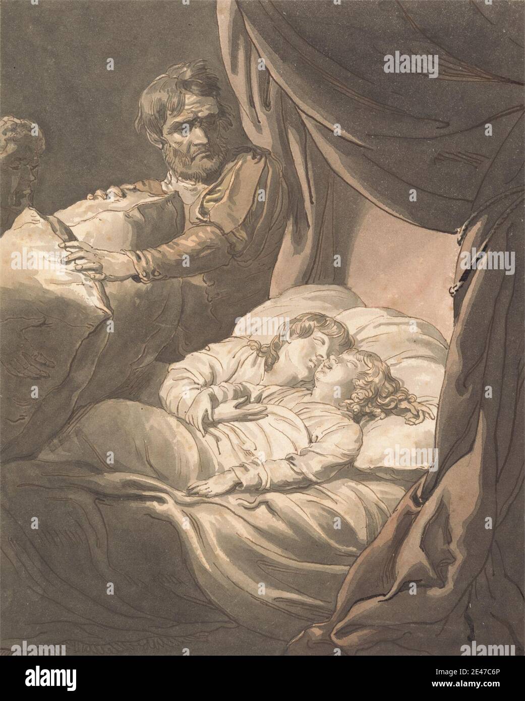 William Marshall Craig, ca. 1788–1828, Briten, die Prinzen im Turm, ca. 1820. Braune Tinte mit grauer Wäsche und Aquarell auf dickem, leicht strukturiertem, beigefarbenem Wove-Papier. Bett (Möbel), Schlafzimmer, Decken, Jungen, Brüder, Vorhänge, Doppelbettwäsche, Vorhänge, Inneneinrichtung, Tötung, literarisches Thema, Männer, Mord, Nachthemden, Kissen, Theaterstücke von William Shakespeare, Prinzen, Richard III, IV. Akt, II. Szene, Blätter, Schlafende, Turm (Gebäudeabteilung). England , Groß-London , Tower of London , Vereinigtes Königreich. Edward V. (1470–1483), König von England und herr von Irland Shakespeare, William (1 Stockfoto