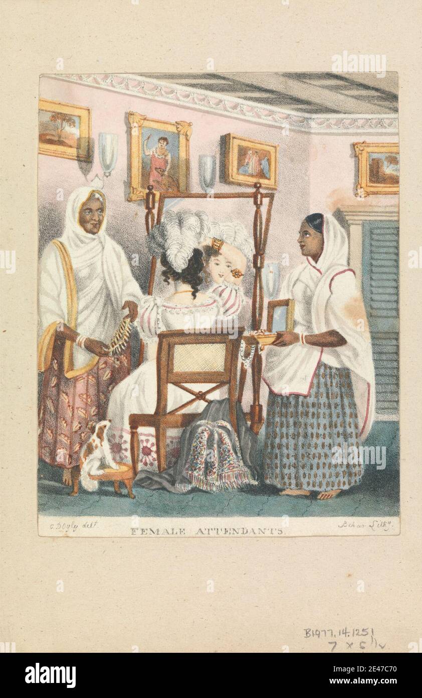 Sir Charles D'Oyly, 1781–1845, britisch, aktiv in Indien, weibliche Begleiter, undatiert. Chromolithographie auf Medium, glatt, beige wove Papier montiert auf Medium, leicht strukturiert, beige wove Papier. Armbänder, Stuhl, Schrank, Kosmetik, Hund (Tier), Draperie, Kleider, Ohrringe, Englisch, Federn, weiblich, Frames (Möbel), Genre Thema, Haare, Hüte, Indisch, Schmuck, Lampen, Spiegel, Gemälde, Schals, Diener, Sklaven, Südasien, Hocker, Frauen Stockfoto