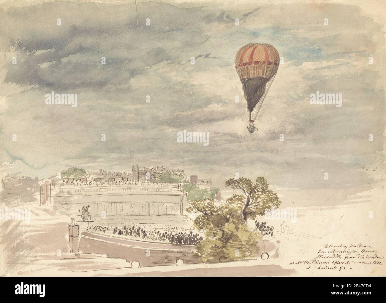 John Linnell, 1792–1882, Brite, Aufstieg des Ballons aus Burlington House, Piccadilly, aus dem Fenster bei Mr. B. Palmer's, nach 1812. Aquarell, braune Tinte und Graphit auf mäßig dicken, leicht strukturierten, cremefarbenen Wove Papier. Architekturmotiv, Ballon, Unterhaltung, schwimmend, Genre Thema, Heißluftballon, Haus, Herrenhaus, Himmel, Fenster. Burlington House , City of Westminster , England , Europa , London , Vereinigtes Königreich Stockfoto