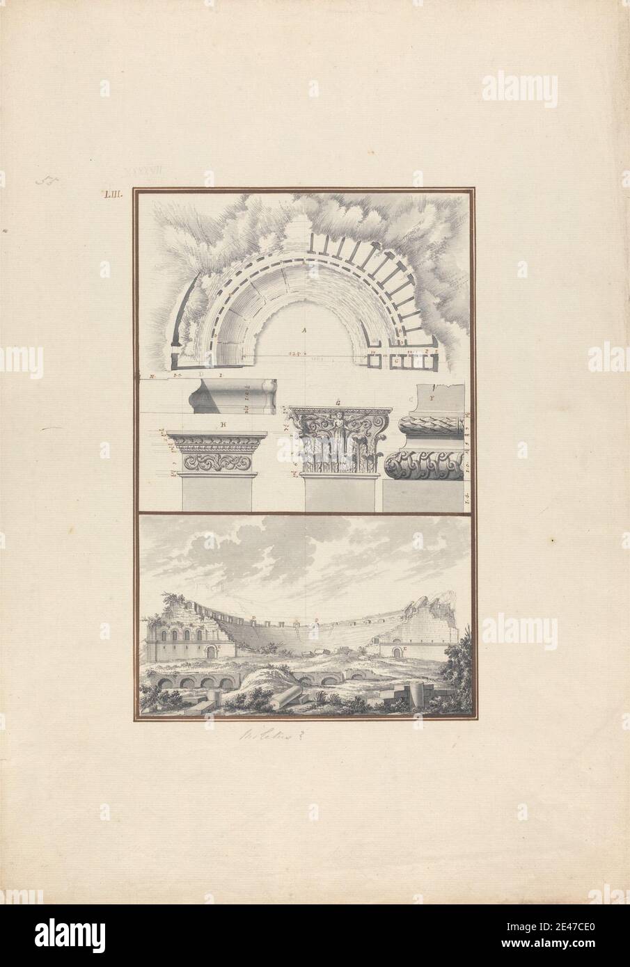 Giovanni Battista Borra, 1713–1770, italienisch, oben: Plan, Säulendetails; unten: Ansicht eines zerstörten Theaters, wahrscheinlich das in Milet, ca. 1750. Grauwäsche mit grauer und brauner Tinte über Graphit auf mäßig dickem, mäßig strukturiertem, beigefarbenem Papier. amphitheater, Altgriechisch, Bögen, architektonisches Thema, Kapitelle, Säulen, Ruinen, Lageplan, Theater. Asien, Aydin Ili, Ege kiyilari, Milet, Türkei Stockfoto