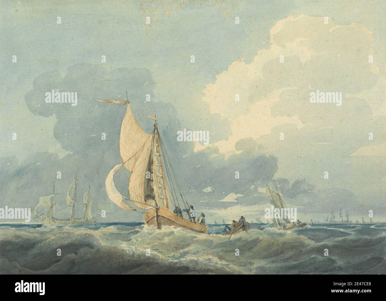 Nachfolger von William Owen, 1769–1825, britisch, Shipping in a Choppy Sea, undated. Aquarell und Graphit mit Kratzen auf Medium, leicht strukturiert, Creme gelegt Papier. Marine Kunst, Mast, Segel, Meer, Versand, Schiffe, Wellen (Naturereignisse) Stockfoto