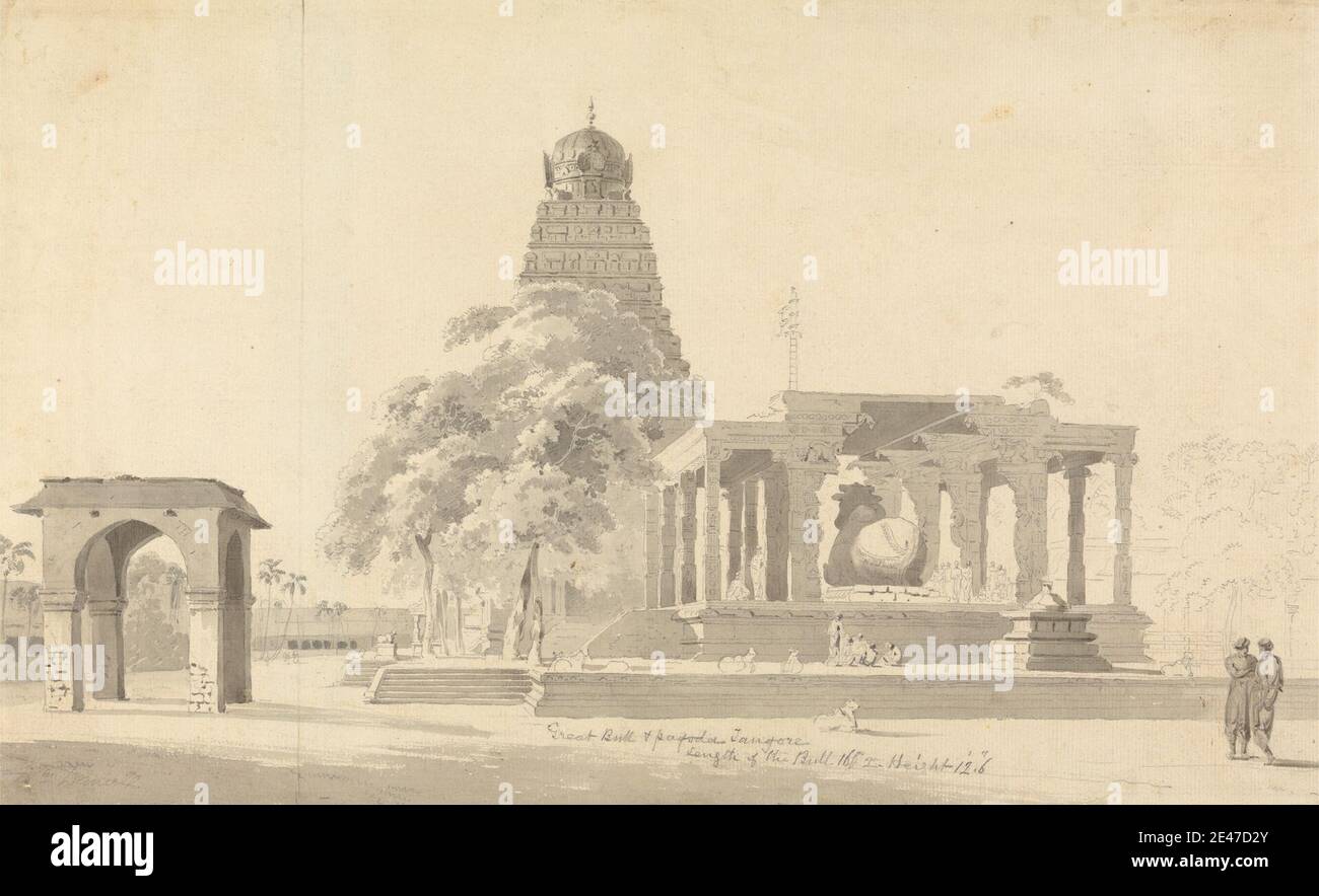 William Daniell, 1769–1837, Brite, The Great Bull and Pagoda at Tanjore, undated. Grau waschen und Graphit auf mäßig dickem, leicht strukturiertem, cremefarbenen Papier. Bögen, architektonisches Thema, Stier, Figuren, Genre Thema, Pagode (Gebäude), Statuen, Treppen, Tempel, Bäume. Asien, Indien, Tamil Nadu, Thanjavur Stockfoto