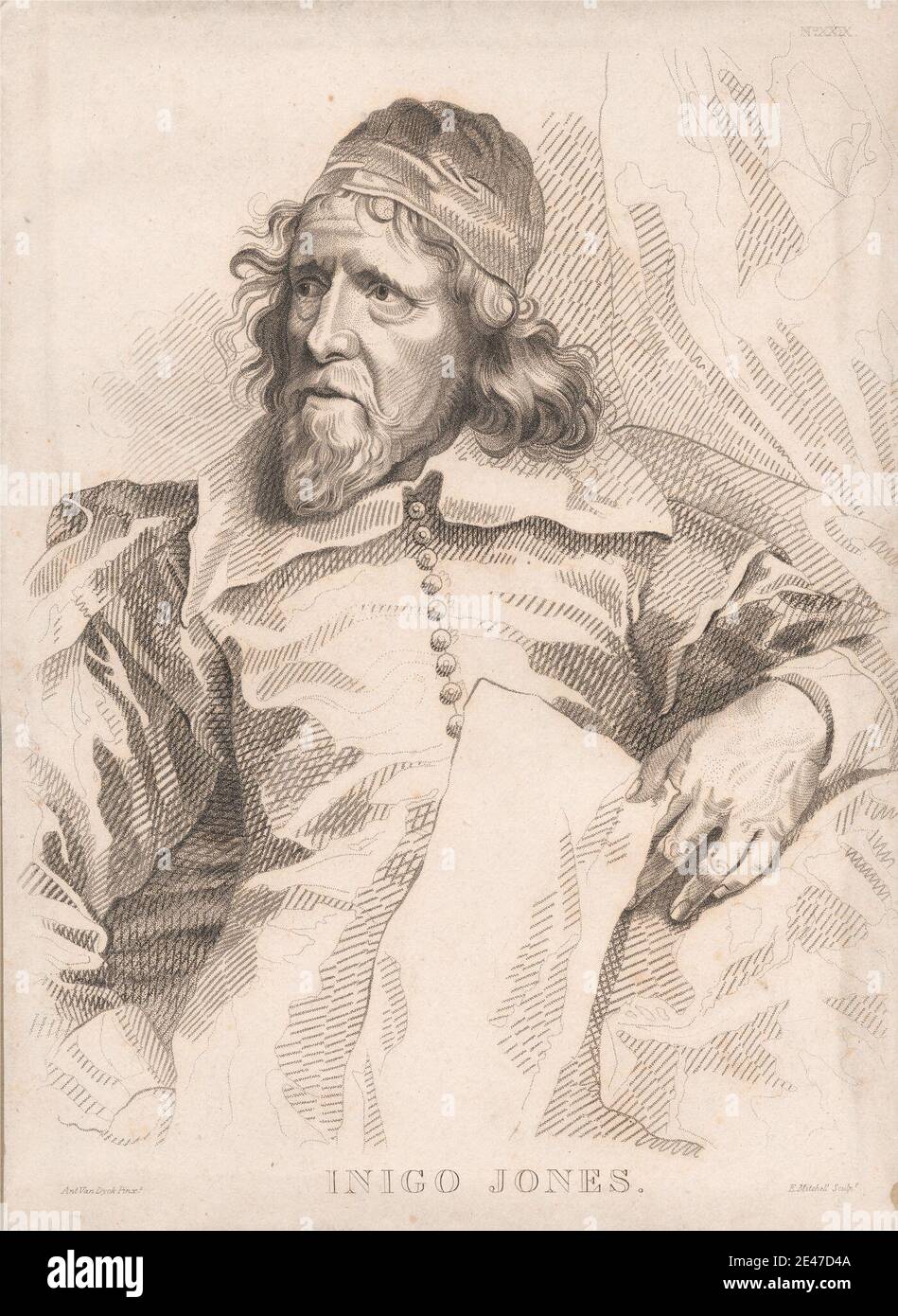 Edward Mitchell, aktiv 1805–1816, Inigo Jones. Gravur. Jones, Inigo (1573–1652), Architekt und Theaterdesigner Stockfoto