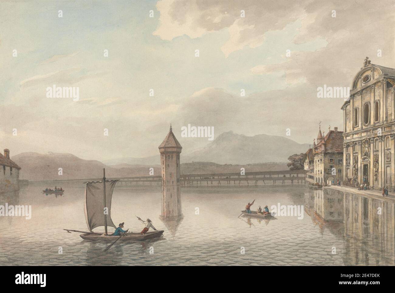 William Pars, 1742–1782, britisch, A View at Lucerne, 1775. Aquarell mit Feder und grau und braun Tinte über Graphit mit braun und grau waschen auf mäßig dicken, mäßig strukturierten, cremefarbenen Papier gelegt. Architekturmotiv , Boote , Gebäude , Genre Thema , Grand Tour , Landschaft , Männer , Berge , Fluss , Segel , Fachwerkbrücke. Kapellbrücke , Luzern , Luzern , Reuss , Schweiz Stockfoto