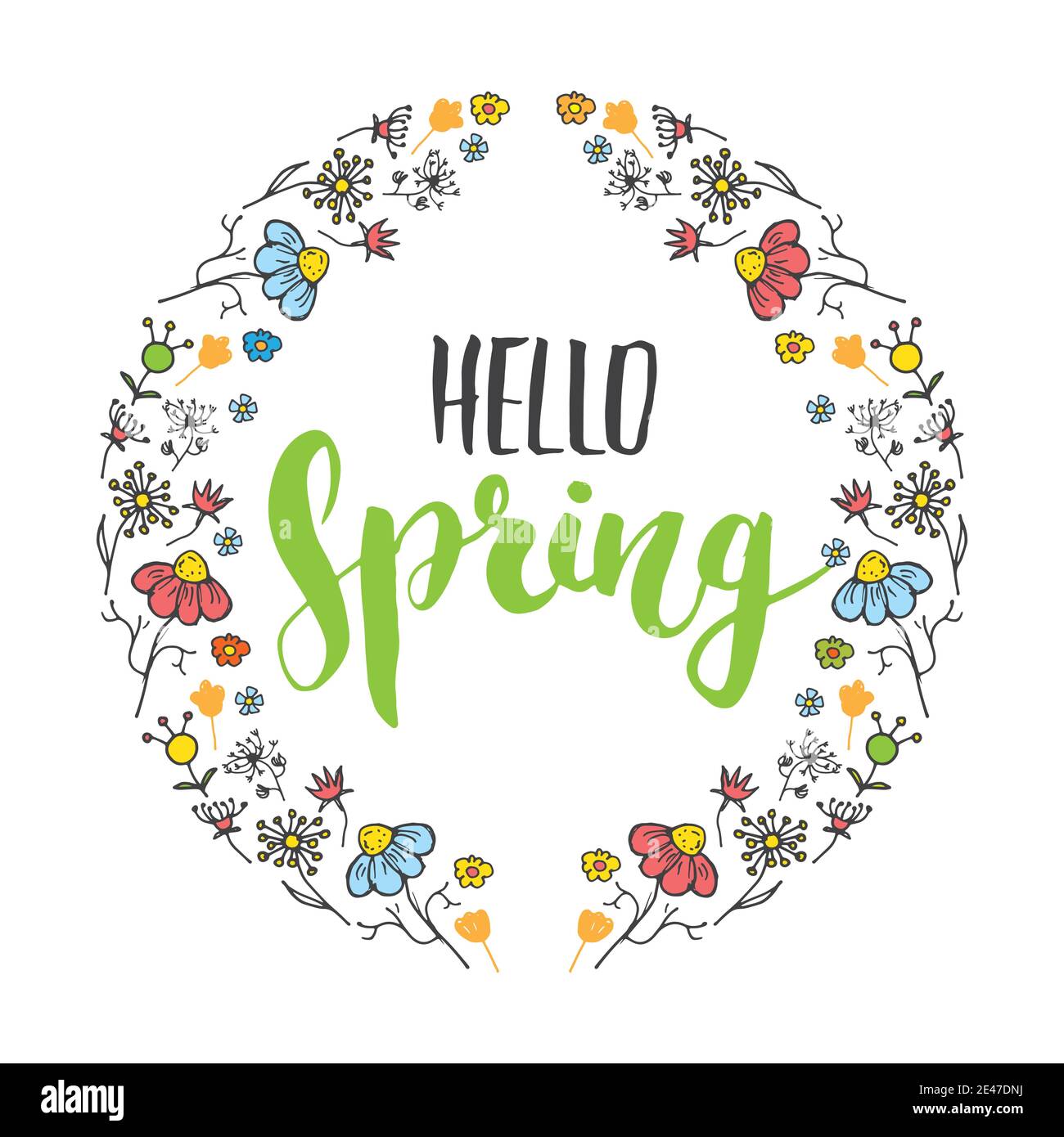 Hallo Frühling Kalligraphie Schriftzeichen handschriftlich unterzeichnen, Hand grunge kalligrafischen Text dargestellt wird. Vector Illustration. Stock Vektor