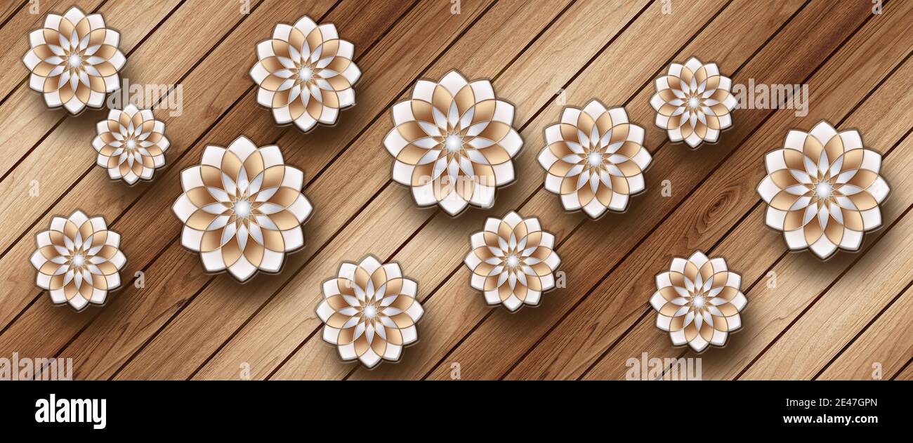 3D Tapete Hintergrund, Holz Hochwertige Rendering dekorative Wandbild Tapete Illustration, 3D Blume Wohnzimmer Tapete. Stockfoto 3D Tapete Hintergrund, Holz Hochwertige Rendering dekorative Wandbild Tapete Illustration, 3D Blume Wohnzimmer Tapete. Stockfoto