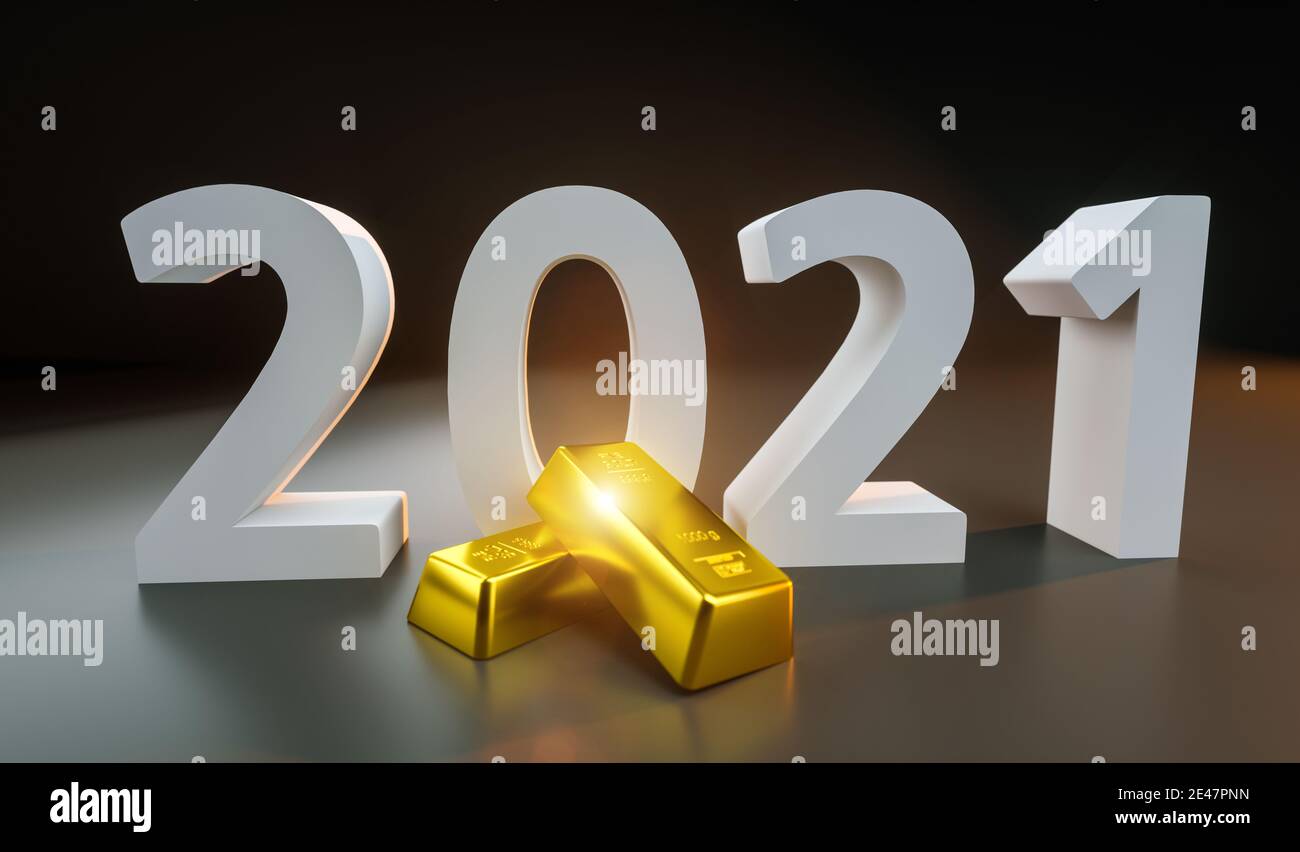 Jahr 2021 Goldbarren Nahaufnahme Stockfoto