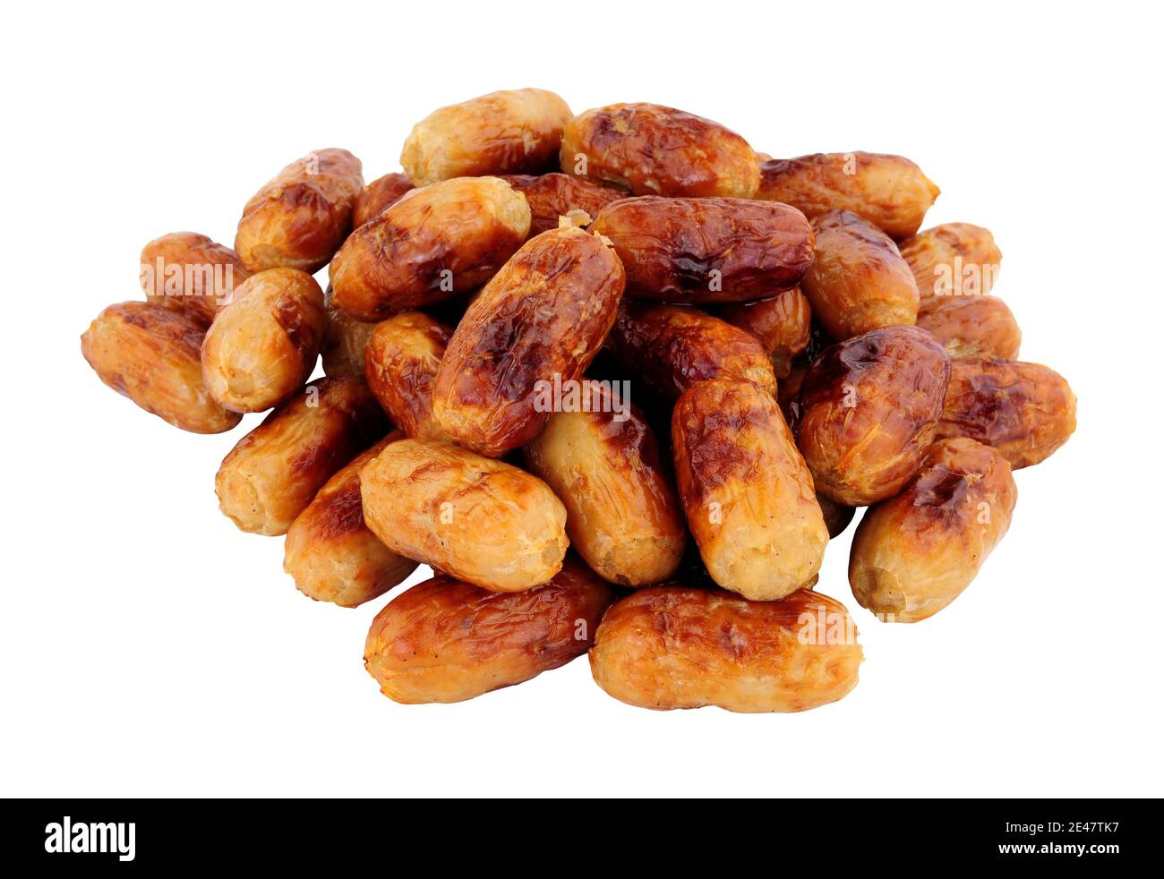 Haufen Ofen gebackenes Schweinefleisch Cocktail Party Würstchen isoliert auf Ein weißer Hintergrund Stockfoto