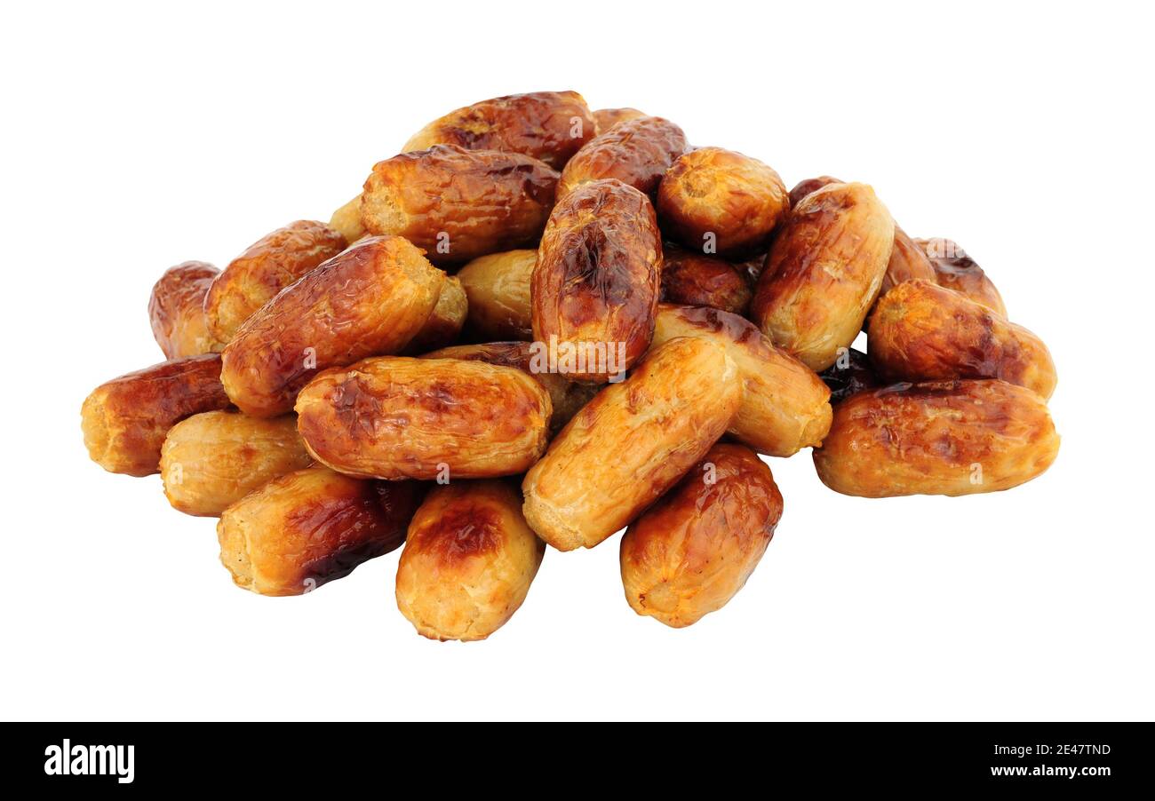 Haufen Ofen gebackenes Schweinefleisch Cocktail Party Würstchen isoliert auf Ein weißer Hintergrund Stockfoto
