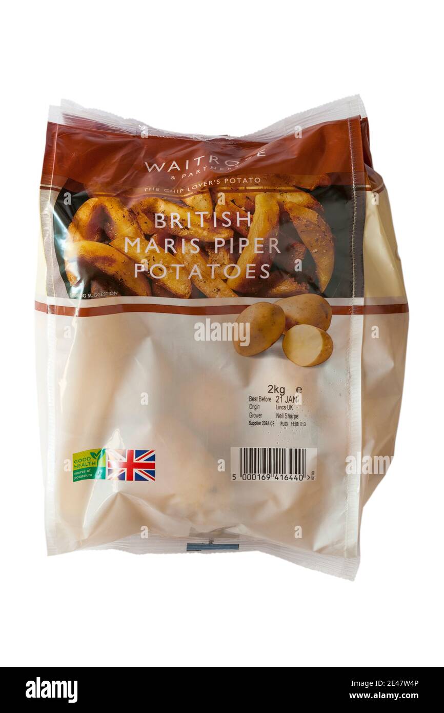 Beutel mit Waitrose Britische Maris Piper Kartoffeln isoliert auf weiß Hintergrund Stockfoto
