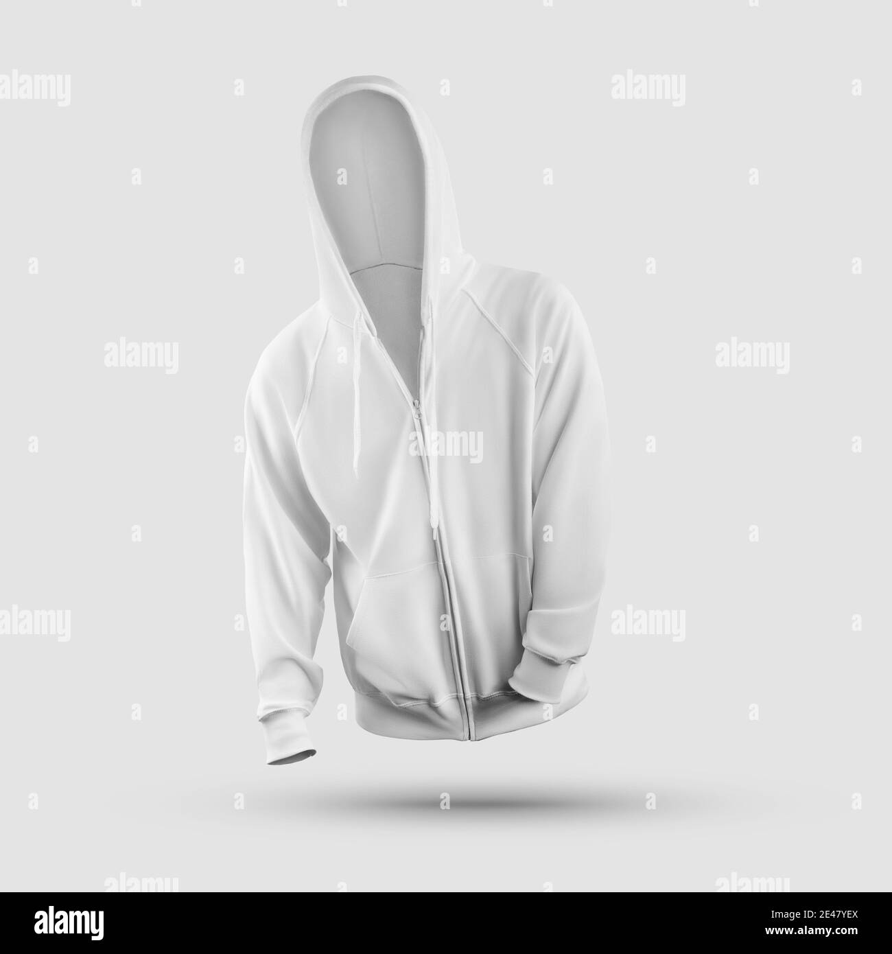 Weiße Kleidung Vorlage 3D-Rendering, Herren Hoodie mit Tasche, Reißverschluss, Krawatten, Vorderansicht, isoliert auf Hintergrund. Mockup Sweatshirt mit langem Schl Stockfoto