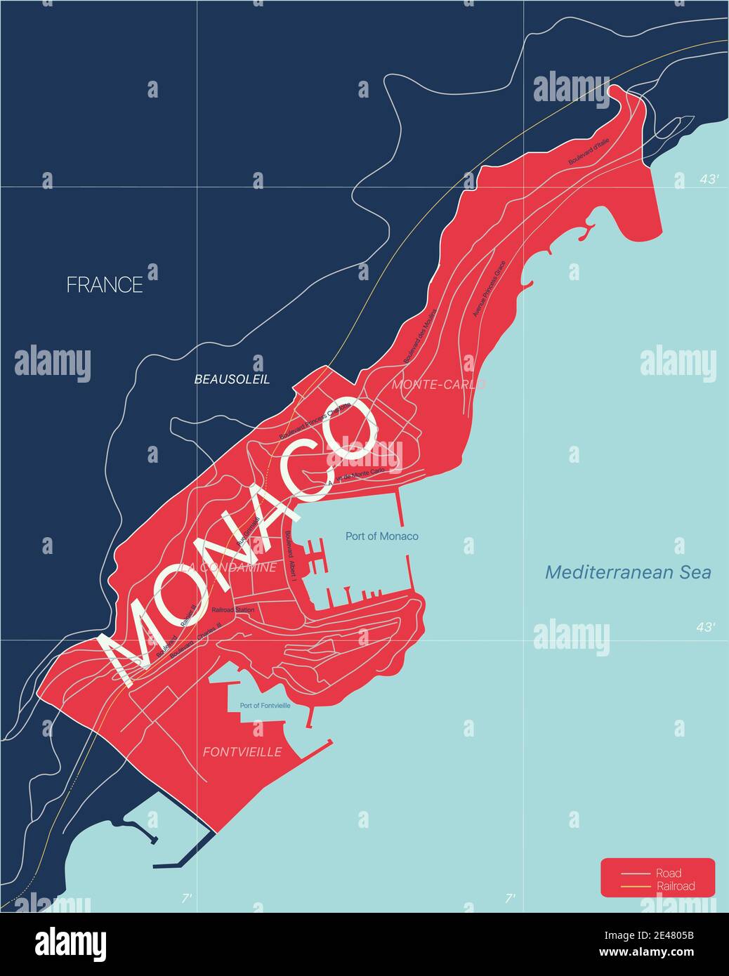 Monaco Land detaillierte editierbare Karte mit Regionen Städte und Städte, Straßen und Eisenbahnen, geografische Standorte. Vector EPS-10-Datei Stock Vektor