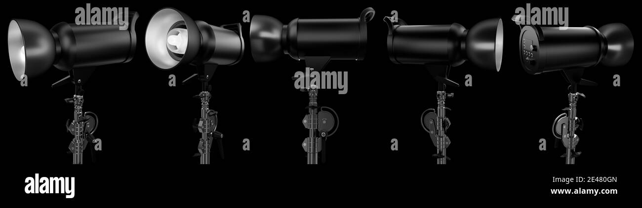 Fotostudio blinkt auf einem Lichtstativ, der auf schwarzem Hintergrund isoliert ist. Stockfoto