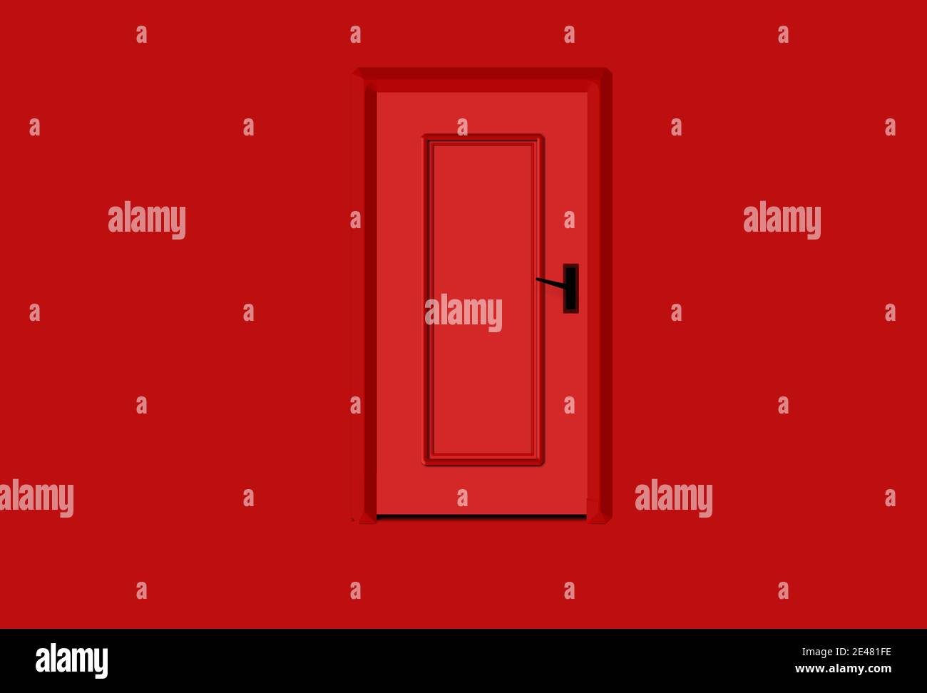 Rotes Design einer geschlossenen Tür in rotem Wandhintergrund. 3d-Visualisierung, professionelle Illustration. Stockfoto