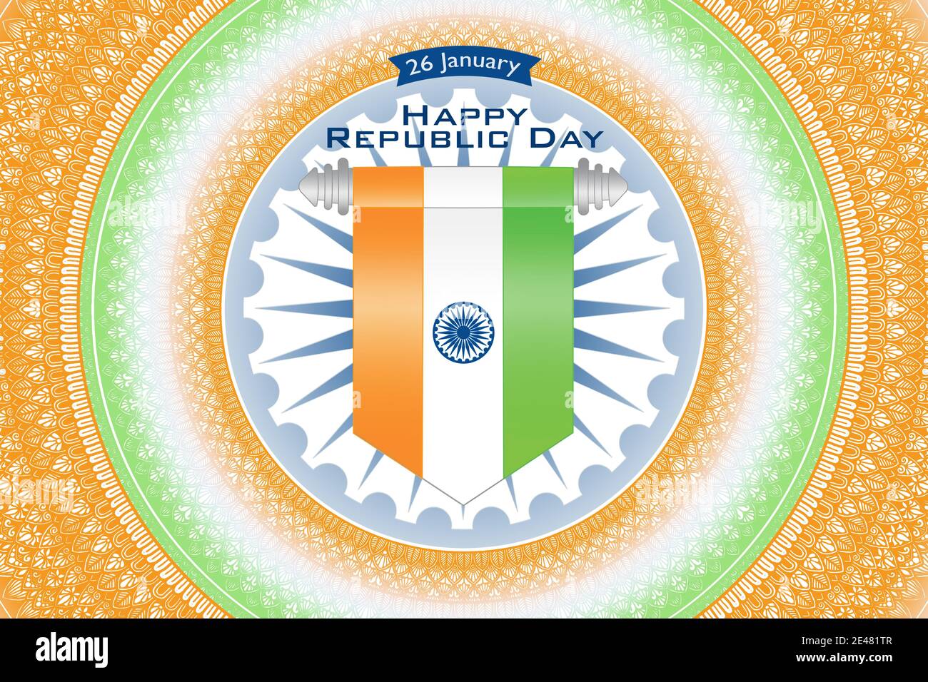 Designer-Illustration des Happy republic Day mit konischer Flagge Indiens , Mandala und ashoka Chakra verblassen im Hintergrund Stockfoto