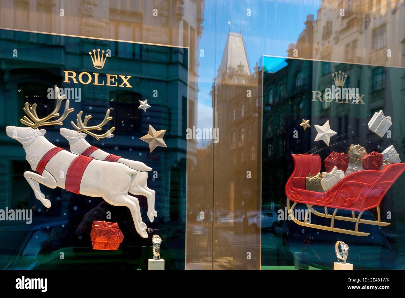 Rolex Uhrengeschäft Weihnachtsfenster Anzeige Prag Stockfoto