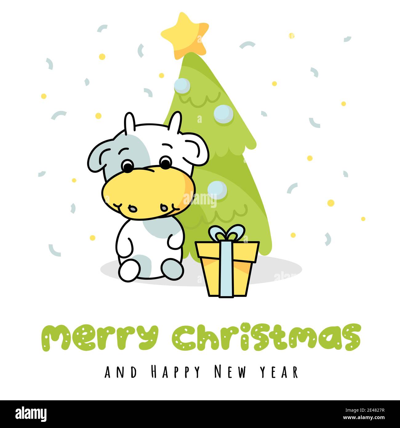 Neujahr Karte mit Kalb und Geschenk, weihnachtsbaum mit Kugeln, Konfetti, Grußtext, Jahr des Stiers, Baby Stier Stock Vektor