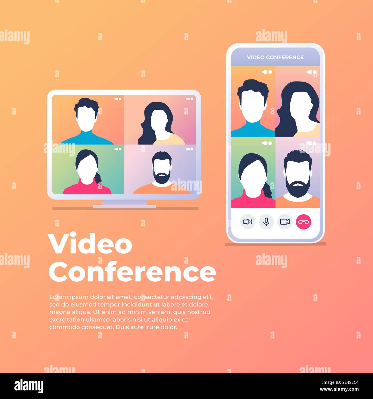 Treffen eines Unternehmens per Videokonferenz auf einem Mobiltelefon. Stock Vektor