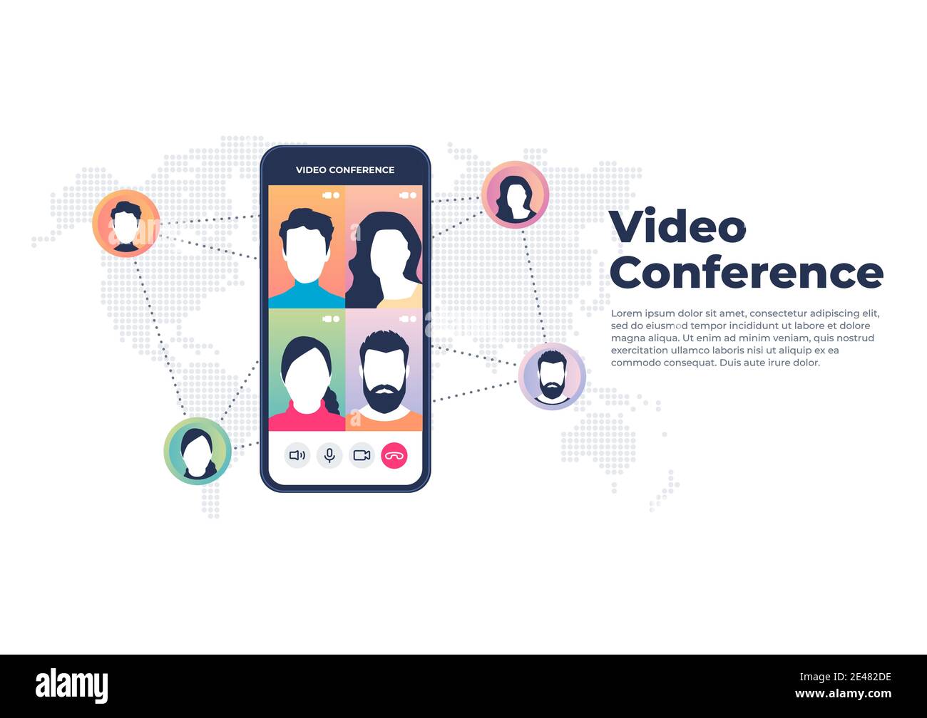 Weltweite Videokonferenz zum mobilen Konzept. Banner für Videokonferenzen und Online-Meetings. Stock Vektor