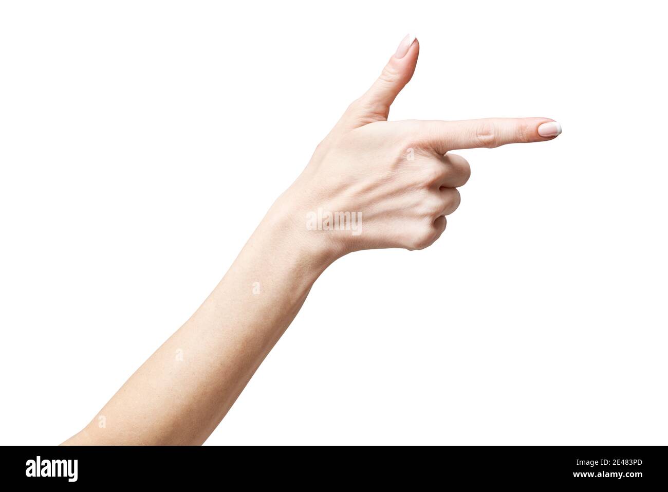 Weibliche Hand poiting durch Finger isoliert auf weißem Hintergrund mit Beschneidungspfad Stockfoto