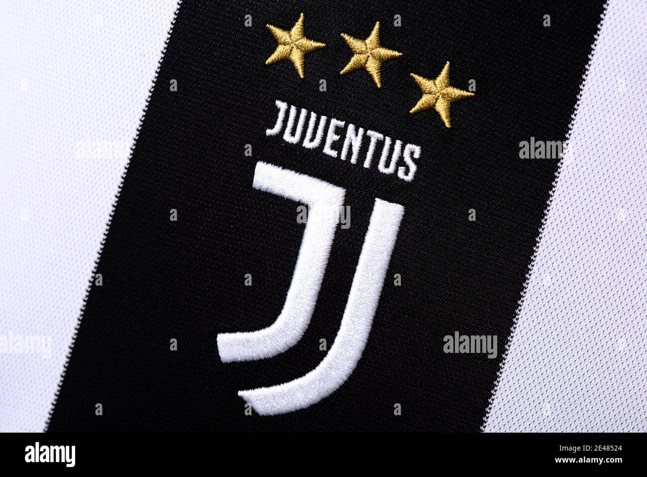 Nahaufnahme des FC Juventus Trikots Stockfoto