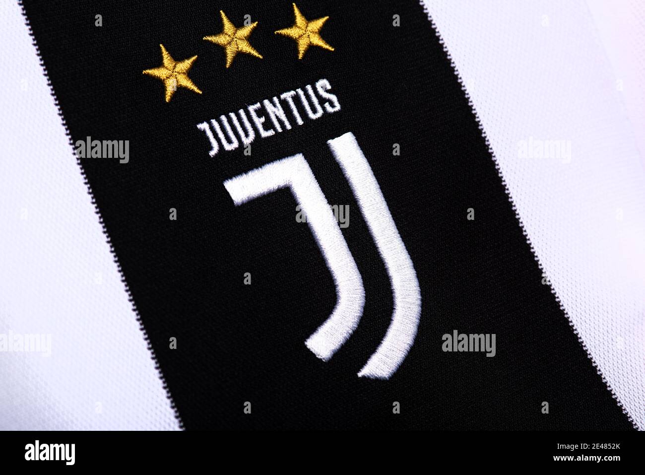 Nahaufnahme des FC Juventus Trikots Stockfoto
