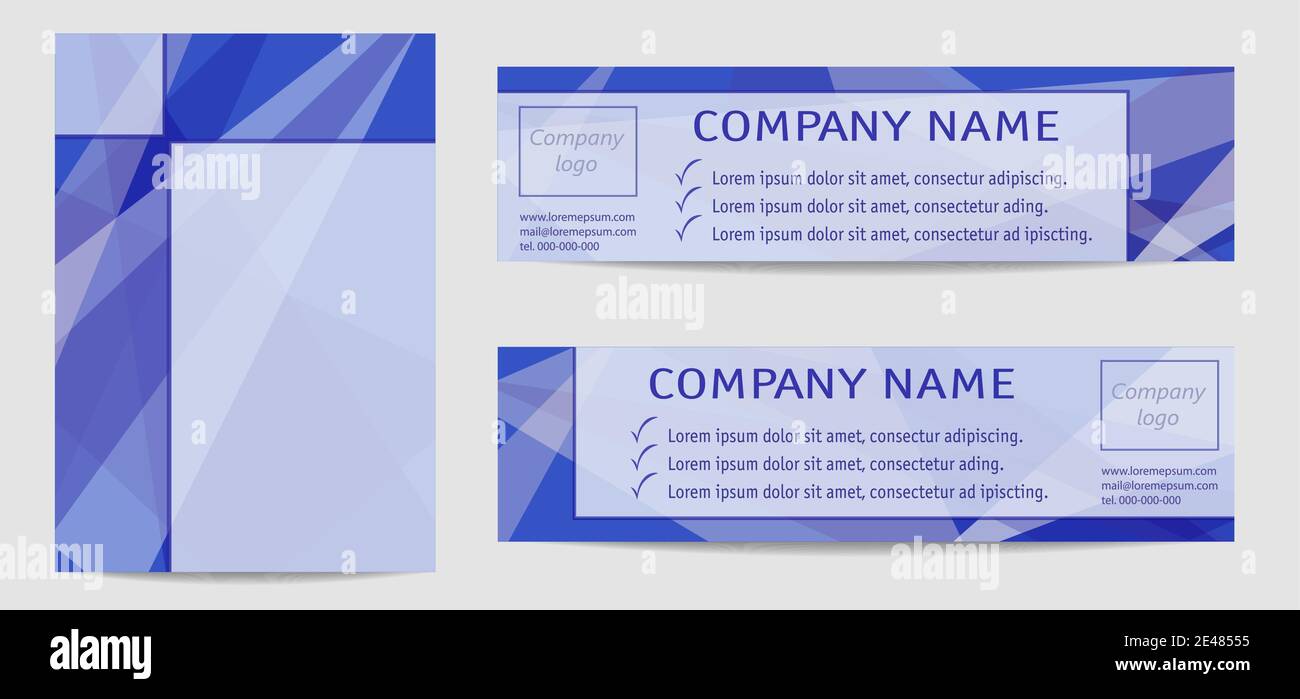 Broschürendeckel A4 und zwei Banner in blau. Satz von Vektor-Layouts, Vorlagen für Buch, Poster. Geometrischer Hintergrund mit transparenten Dreiecken. EPS10 Stock Vektor