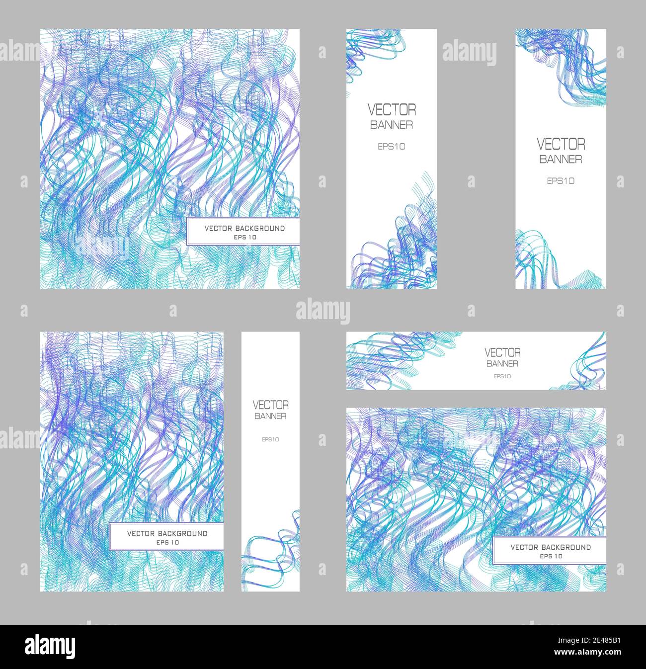 Broschüre A4, quadratische Schablone, 4 Banner. Violette, blaurote Linien. Layout-Design für Cover, Poster, abstrakte Muster. Vektorhintergrund. EPS10 Stock Vektor