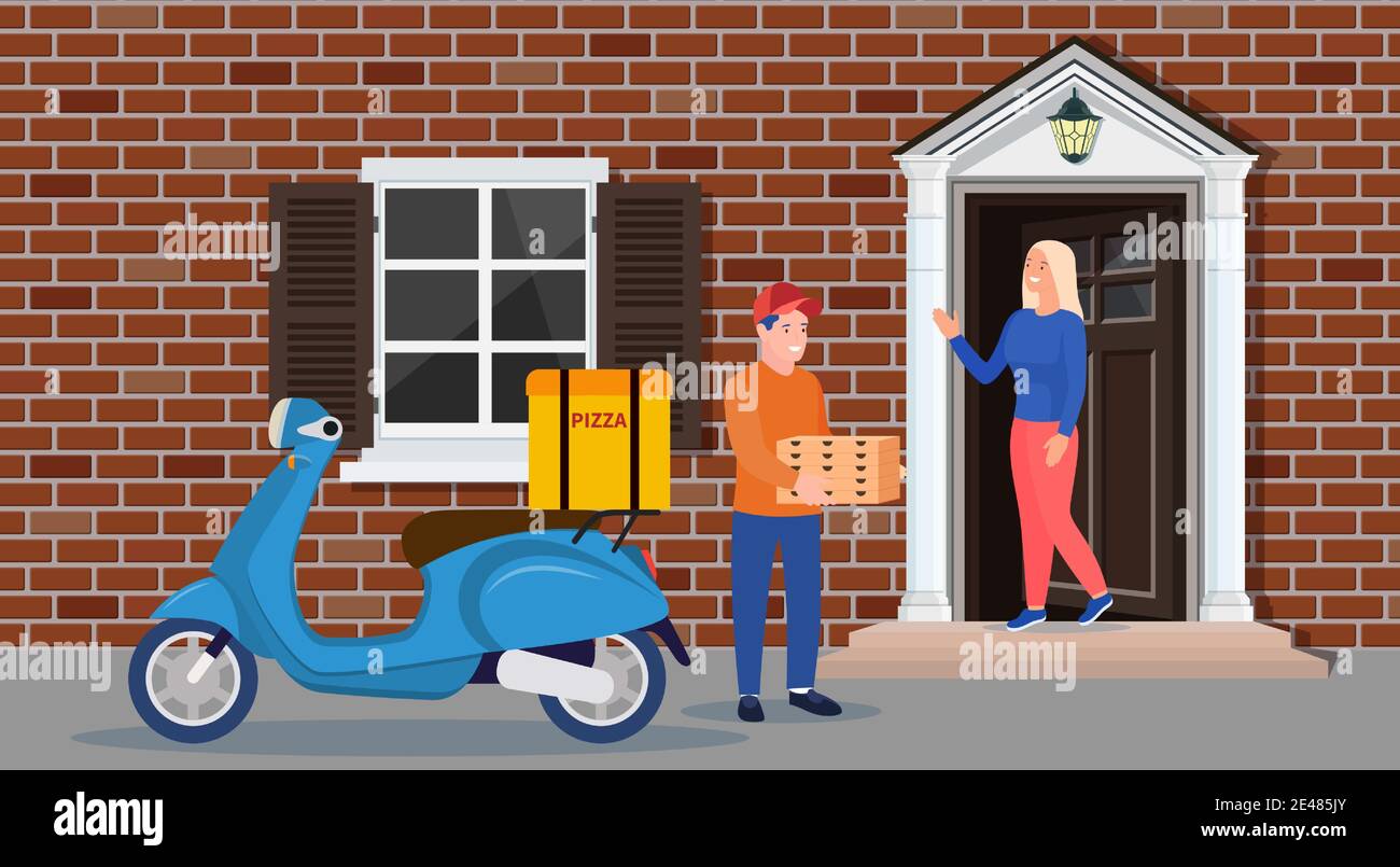 Der Lieferer brachte einen Haufen Pizzaboxen Stock Vektor