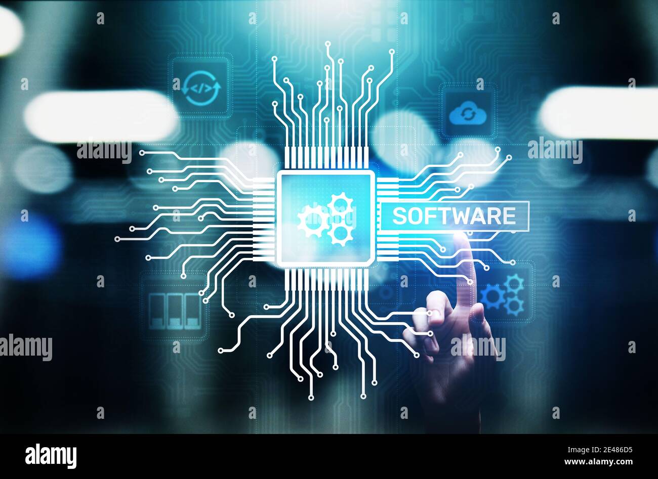 Softwareentwicklung und Geschäftsprozessautomatisierung, Internet- und Technologiekonzept auf virtuellem Bildschirm Stockfoto