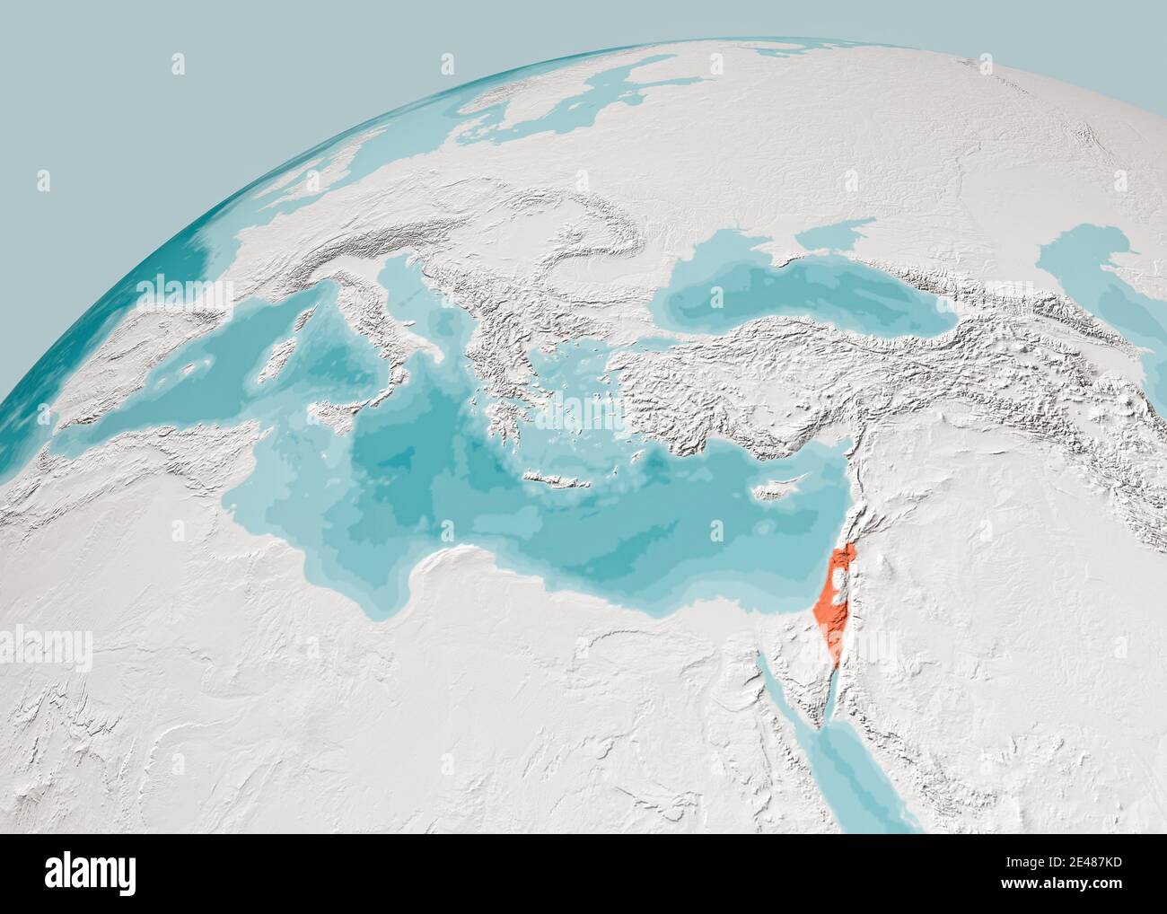 Weltkarte des Mittelmeers und Israels, Europas Afrika und des Nahen Ostens. Kartographie, geographischer Atlas. 3d-Rendering. Bathymetrie, unter Wasser Stockfoto