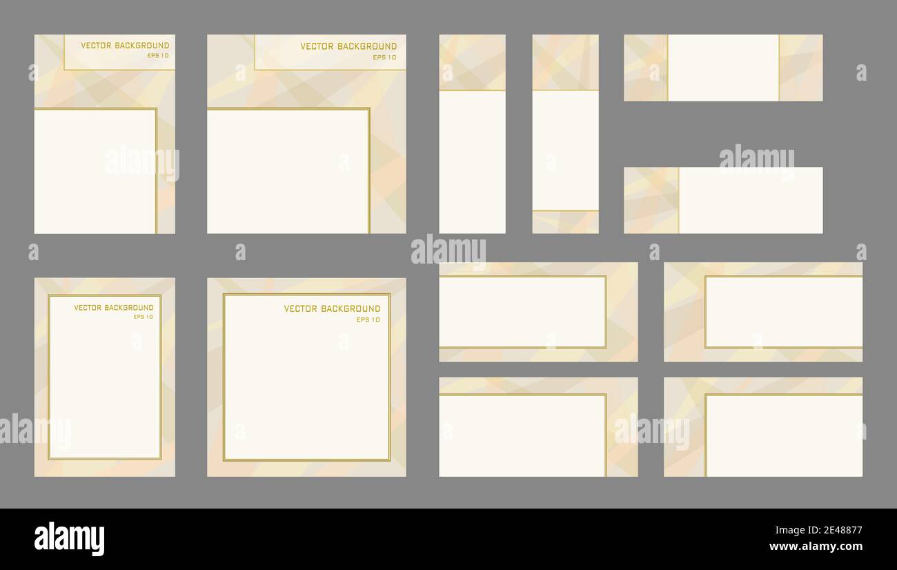 Set von Layouts in beigefarbenen Farbtönen. Deckblätter A4, quadratische Vorlagen, 8 Banner mit Textplatz. Flaches geometrisches Muster. Abstrakter Vektorhintergrund. EPS10 Stock Vektor